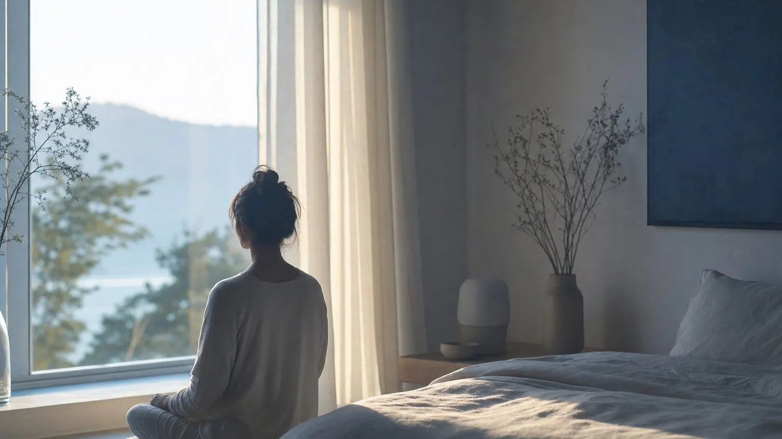 Personne assise près d'une fenêtre le matin, respiration calme pour l'auto-hypnose contre le stress