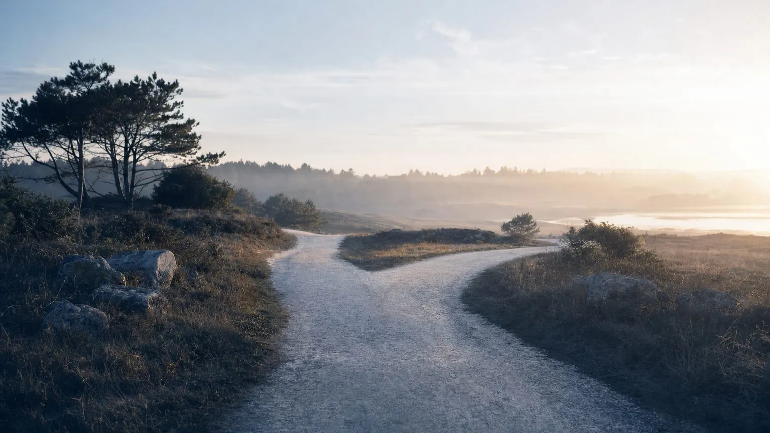 Chemin qui se divise dans une lumière douce du matin, illustration sur l'effet rebond après hypnose