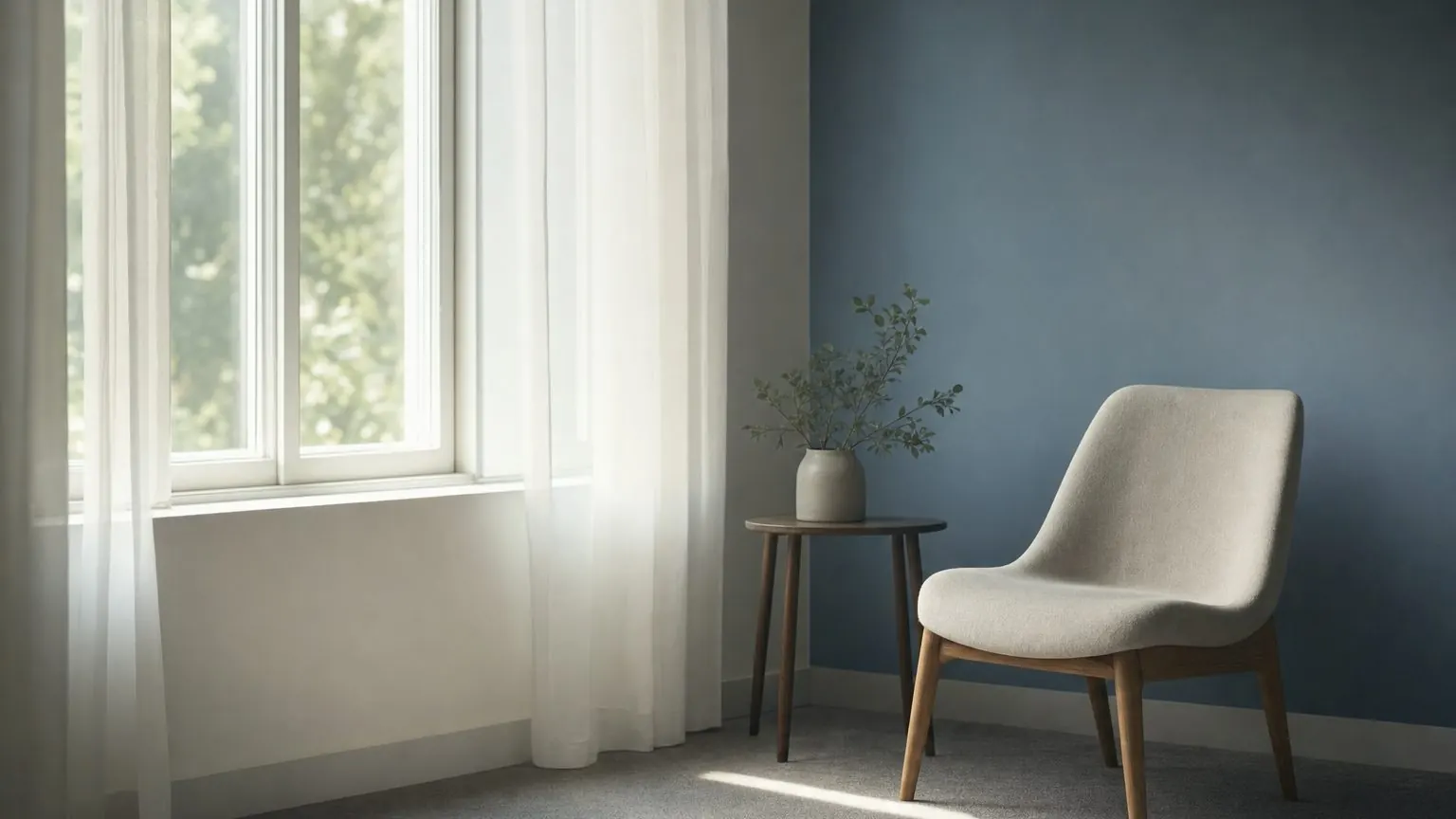 Chaise vide dans une pièce calme éclairée par la lumière douce d'une fenêtre, illustration sur l'hypnose et le deuil