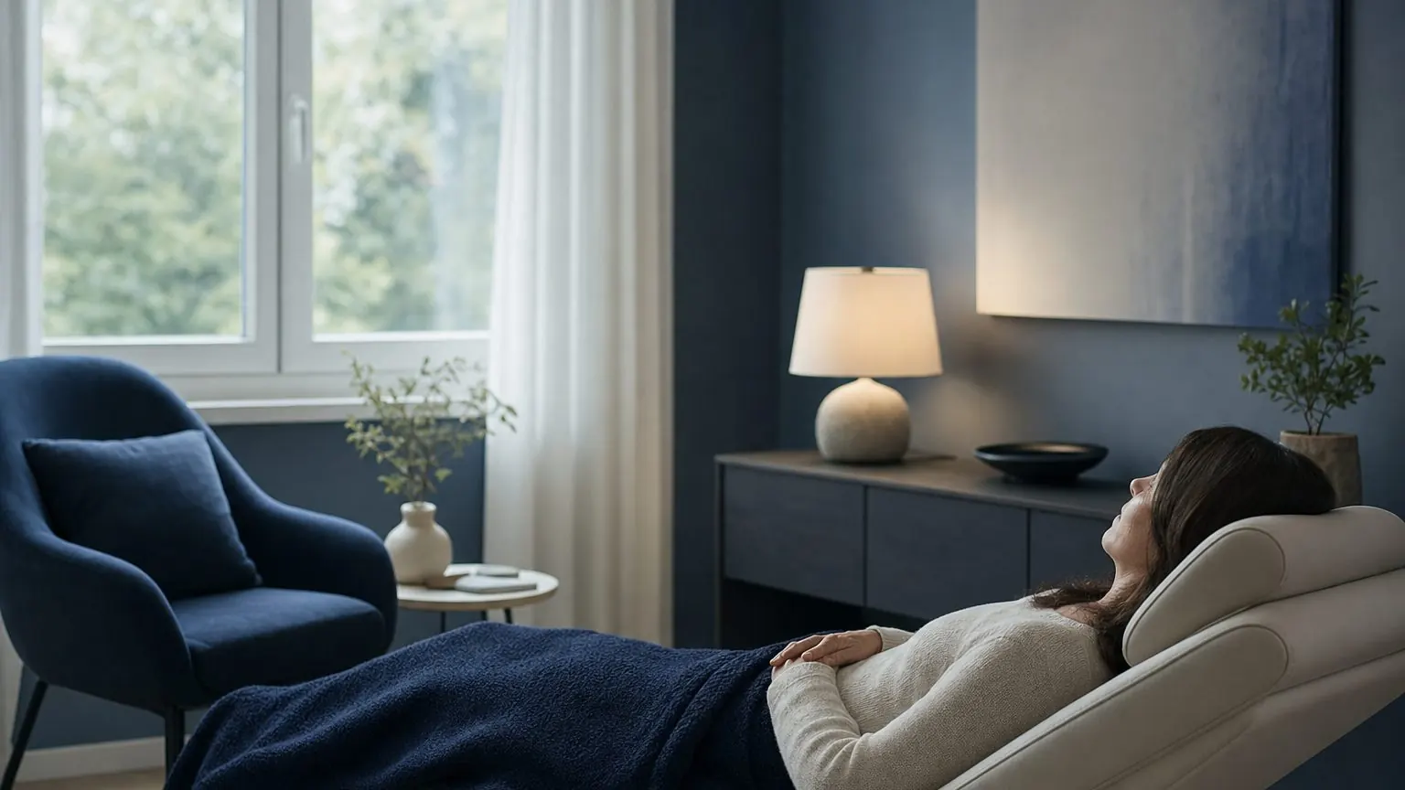 Patient en séance d'hypnose contre la douleur chronique dans un cabinet calme