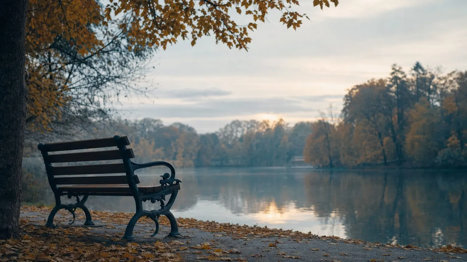 Banc de parc vide en automne, lumière douce, illustration sur l'hypnothérapie pour oublier quelqu'un
