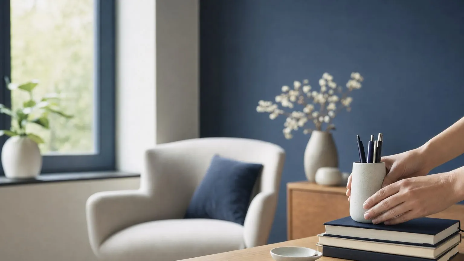 Mains rangeant calmement des objets sur un bureau, cabinet de thérapie sobre